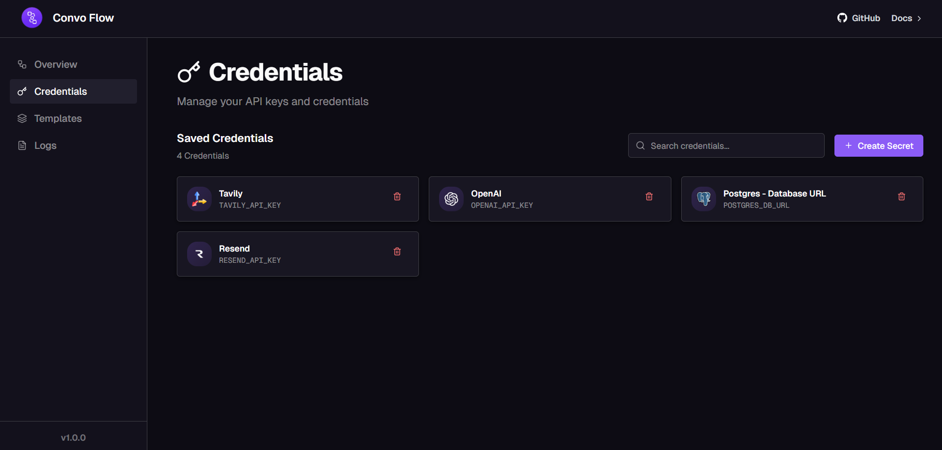 Credentials page for configuring API keys